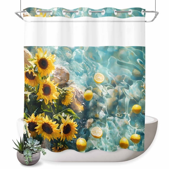 No Hook Shower Curtain with Built-in Rings - Country Summer Washable Waterproof Fabric Bathroom Curtains for Hotel,Rentals, 66 X 72 Inch Long , Lake Lemon Sunflower Oil Painting Gold Aqua