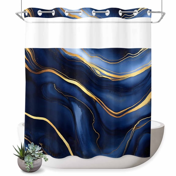 No Hook Shower Curtain with Built-in Rings - Dark Blue Abstract Marble Texture Washable Waterproof Fabric Bathroom Curtains for Hotel,Rentals, 72 X 72 Inch Long , Gold Fluid Art Lines