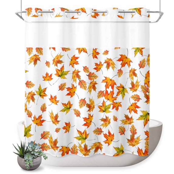 No Hook Shower Curtain with Built-in Rings - Fall Thanksgiving Washable Waterproof Fabric Bathroom Curtains for Hotel,Rentals, 72 X 78 Inch Long , Orange Leaf Pattern Floral Autumn White