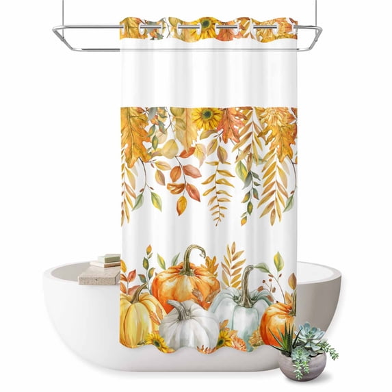 No Hook Shower Curtain with Built-in Rings - Fall Thanksgiving Washable Waterproof Fabric Bathroom Curtains for Hotel,Rentals, Stall 36 X 72 Inch , Orange Pumpkins Autumn Leaves Floral