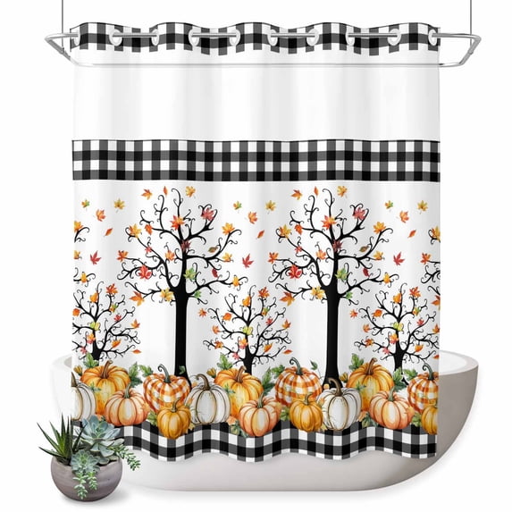 No Hook Shower Curtain with Built-in Rings - Farm Fall Thanksgiving Washable Waterproof Fabric Bathroom Curtains for Hotel,Rentals, 72 X 72 Inch Long , Orange Plaid Pumpkin Maple Leaf