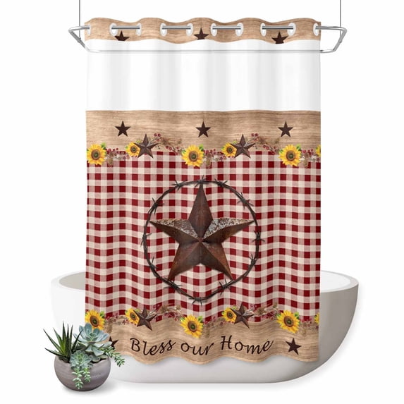 No Hook Shower Curtain with Built-in Rings - Farmhouse Barn Star Sunflower Washable Waterproof Fabric Bathroom Curtains for Hotel,Rentals, 72X 96 Inch Extra Long , Red Buffalo Plaid