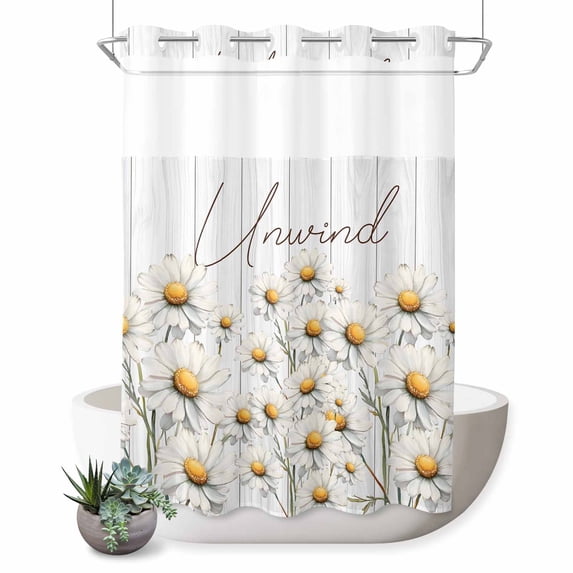 No Hook Shower Curtain with Built-in Rings - Farmhouse Floral Washable Waterproof Fabric Bathroom Curtains for Hotel,Rentals, Stall 48 X 72 Inch , Relax Unwind Sign Daisy Wood Ivory White