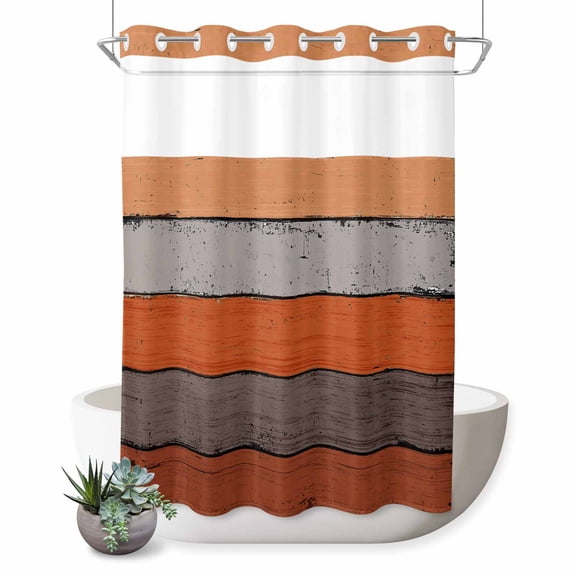 No Hook Shower Curtain with Built-in Rings - Farmhouse Rustic Wood Texture Washable Waterproof Fabric Bathroom Curtains for Hotel,Rentals, 60 X 72 Inch Long , Burnt Orange Grey