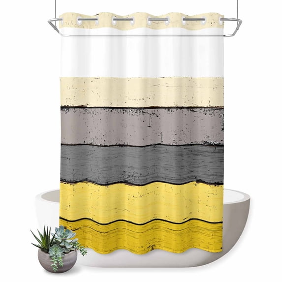 No Hook Shower Curtain with Built-in Rings - Farmhouse Rustic Wood Texture Washable Waterproof Fabric Bathroom Curtains for Hotel,Rentals, 60 X 72 Inch Long , Yellow Grey