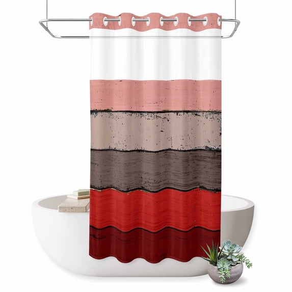 No Hook Shower Curtain with Built-in Rings - Farmhouse Rustic Wood Texture Washable Waterproof Fabric Bathroom Curtains for Hotel,Rentals, Stall 54 X 78 Inch , Red Brown