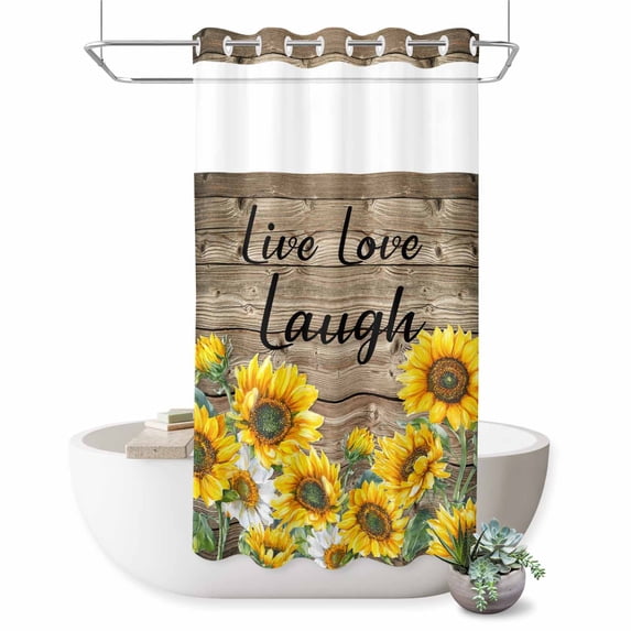 No Hook Shower Curtain with Built-in Rings - Farmhouse Sunflower Washable Waterproof Fabric Bathroom Curtains for Hotel,Rentals, Stall 36 X 72 Inch , Live Love Lough Inspirational Quotes