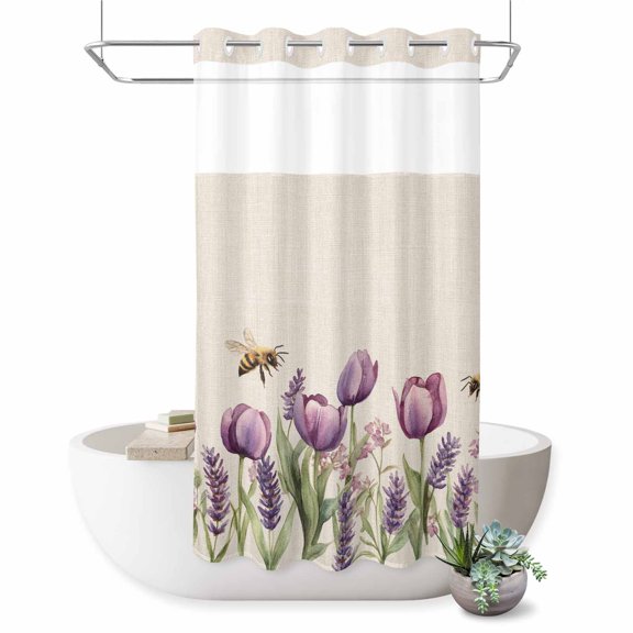 No Hook Shower Curtain with Built-in Rings - Flying Bee Washable Waterproof Fabric Bathroom Curtains for Hotel,Rentals, Stall 36 X 72 Inch Purple Flower
