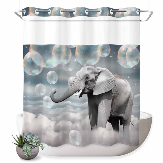 No Hook Shower Curtain with Built-in Rings - Funny Elephants Blow Bubbles Washable Waterproof Fabric Bathroom Curtains for Hotel,Rentals, 72 X 78 Inch Long , Gray White