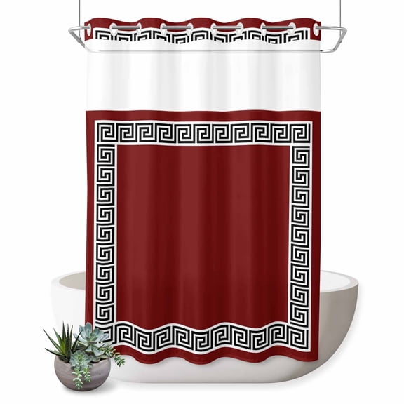 No Hook Shower Curtain with Built-in Rings - Geometric Greek Key Design Washable Waterproof Fabric Bathroom Curtains for Hotel,Rentals, Stall 48 X 72 Inch Red