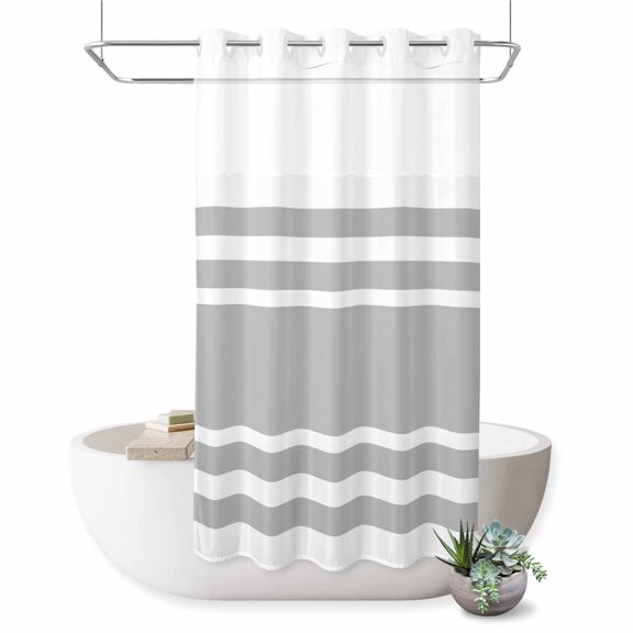 No Hook Shower Curtain with Built-in Rings - Geometric Pattern Washable Waterproof Fabric Bathroom Curtains for Hotel,Rentals, Stall 36 X 72 Inch Simple Grey Stripe