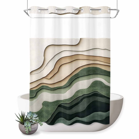 No Hook Shower Curtain with Built-in Rings - Gradient Green Brown Beach Washable Waterproof Fabric Bathroom Curtains for Hotel,Rentals, 72X 96 Inch Extra Long , Abstract Coastal Ocean Wave
