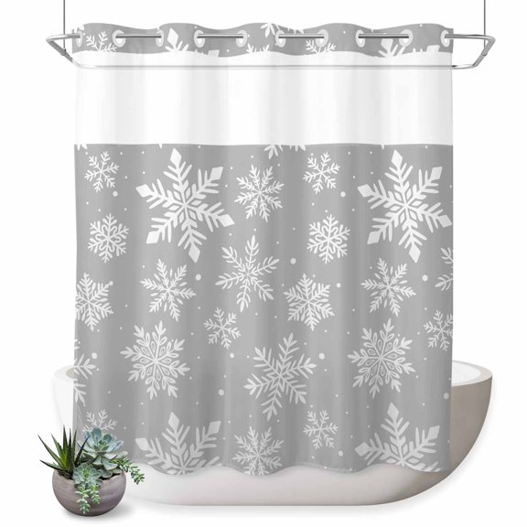 No Hook Shower Curtain with Built-in Rings - Gray Snowflakes Pattern Christmas Washable Waterproof Fabric Bathroom Curtains for Hotel,Rentals, 72 X 72 Inch Long , Vintage White Winter
