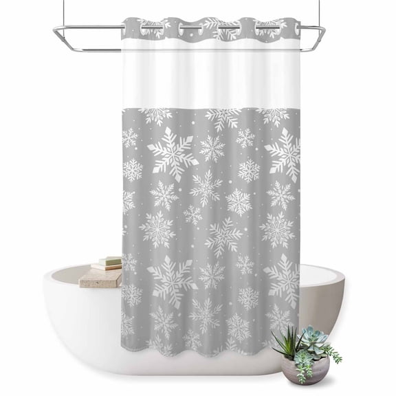 No Hook Shower Curtain with Built-in Rings - Gray Snowflakes Pattern Christmas Washable Waterproof Fabric Bathroom Curtains for Hotel,Rentals, Stall 36 X 72 Inch , Vintage White Winter