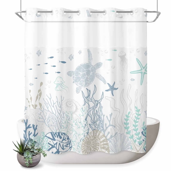 No Hook Shower Curtain with Built-in Rings - Green Coastal Ocean Washable Waterproof Fabric Bathroom Curtains for Hotel,Rentals, 66 X 72 Inch Long , Coral Sea Lifes White Blue