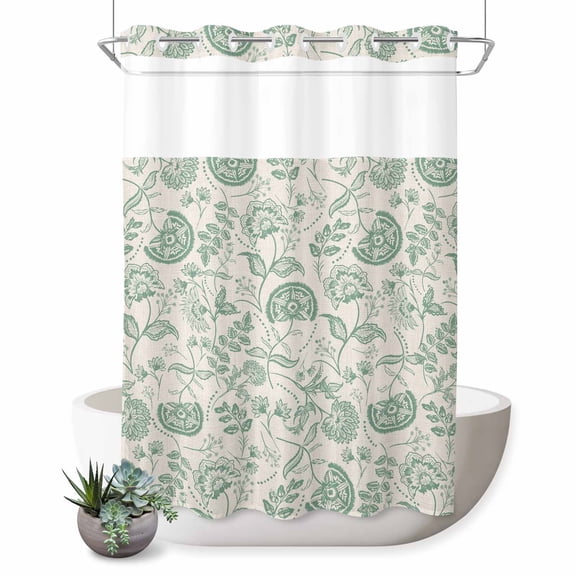 No Hook Shower Curtain with Built-in Rings - Green Pastoral Flowers Washable Waterproof Fabric Bathroom Curtains for Hotel,Rentals, 72 X 84 Inch Extra Long Farmhouse Floral