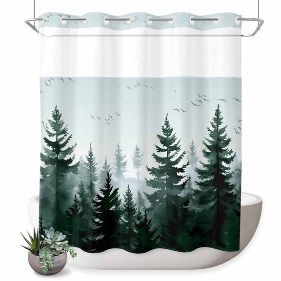No Hook Shower Curtain with Built-in Rings - Green Trees Forest Washable Waterproof Fabric Bathroom Curtains for Hotel,Rentals, 72 X 72 Inch Long Bird Sky Landscape