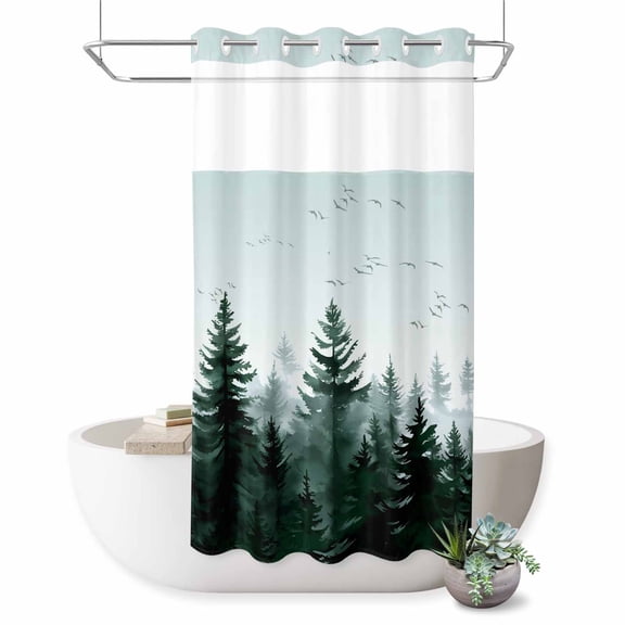 No Hook Shower Curtain with Built-in Rings - Green Trees Forest Washable Waterproof Fabric Bathroom Curtains for Hotel,Rentals, Stall 36 X 72 Inch Bird Sky Landscape