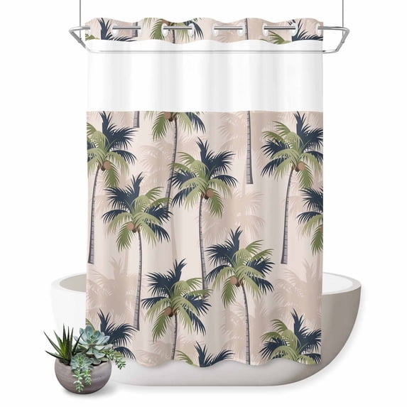 No Hook Shower Curtain with Built-in Rings - Green Tropical Coconut Tree Washable Waterproof Fabric Bathroom Curtains for Hotel,Rentals, Stall 48 X 72 Inch , Summer Beach Palm Tree Beige