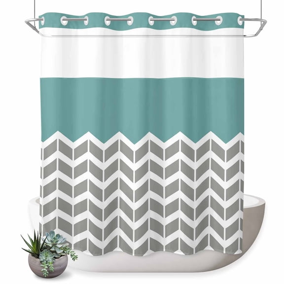 No Hook Shower Curtain with Built-in Rings - Herringbone Pattern Washable Waterproof Fabric Bathroom Curtains for Hotel,Rentals, 72 X 72 Inch Long Vintage Turquoise Grey