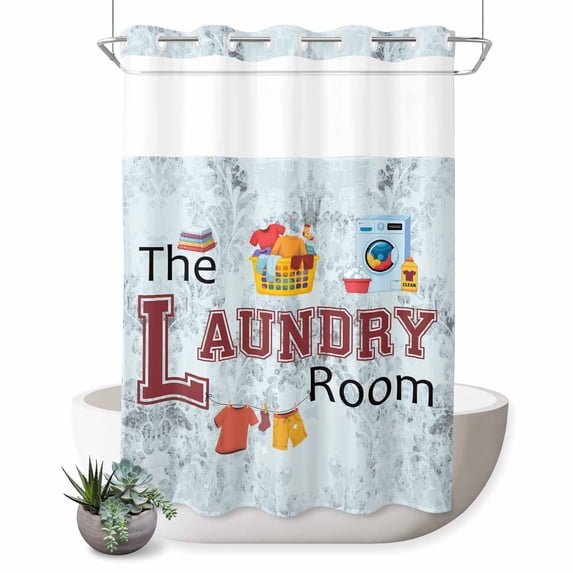 No Hook Shower Curtain with Built-in Rings - Laundry Room Washable Waterproof Fabric Bathroom Curtains for Hotel,Rentals, 60 X 72 Inch Long , Blue Floral Texture