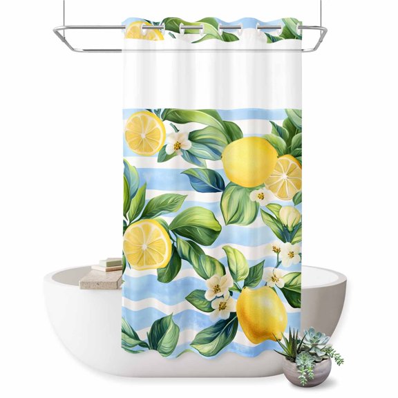 No Hook Shower Curtain with Built-in Rings - Lemon Leaves Floral Washable Waterproof Fabric Bathroom Curtains for Hotel,Rentals, Stall 36 X 72 Inch Blue Stripes