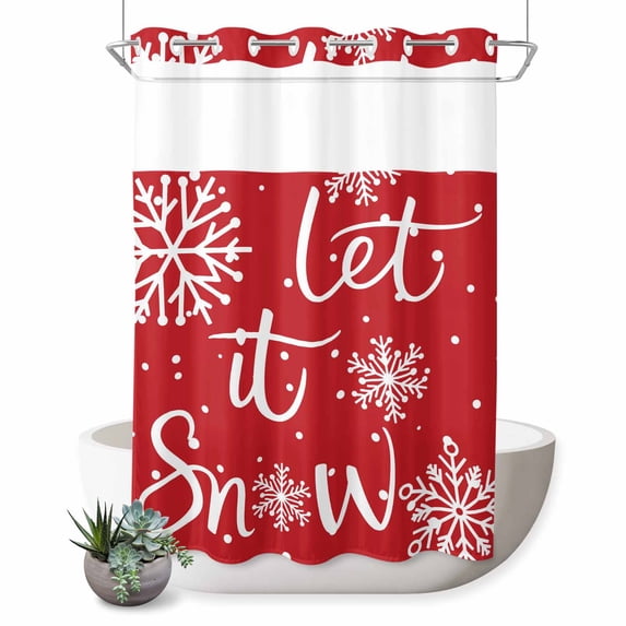 No Hook Shower Curtain with Built-in Rings - Let It Snowflakes Washable Waterproof Fabric Bathroom Curtains for Hotel,Rentals, 72 X 84 Inch Extra Long , Red White Christmas