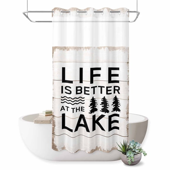 No Hook Shower Curtain with Built-in Rings - Life is Better at The Lake Washable Waterproof Fabric Bathroom Curtains for Hotel,Rentals, Stall 36 X 72 Inch Wood Grain