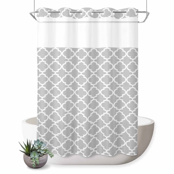 No Hook Shower Curtain with Built-in Rings - Light Grey White Geometric Washable Waterproof Fabric Bathroom Curtains for Hotel,Rentals, Stall 48 X 72 Inch , Minimalist Morocco Pattern