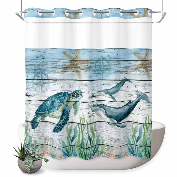 No Hook Shower Curtain with Built-in Rings - Marine Life Washable Waterproof Fabric Bathroom Curtains for Hotel,Rentals, 72 X 78 Inch Long , Turtle Octopus Whale Compass Starfish