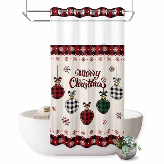 No Hook Shower Curtain with Built-in Rings - Merry Christmas Washable Waterproof Fabric Bathroom Curtains for Hotel,Rentals, Stall 36 X 78 Inch , Rustic Buffalo Plaid Xmas Balls Farmhouse