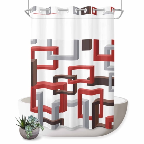 No Hook Shower Curtain with Built-in Rings - Mid Century Abstract Red Washable Waterproof Fabric Bathroom Curtains for Hotel,Rentals, Stall 48 X 72 Inch Geometric Modern