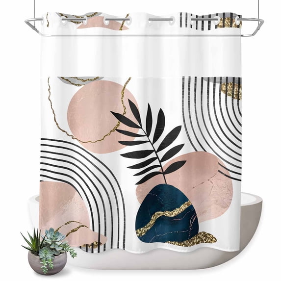 No Hook Shower Curtain with Built-in Rings - Mid Century Boho Washable Waterproof Fabric Bathroom Curtains for Hotel,Rentals, 66 X 72 Inch Long , Navy Pink Abstract Geo Leaf White