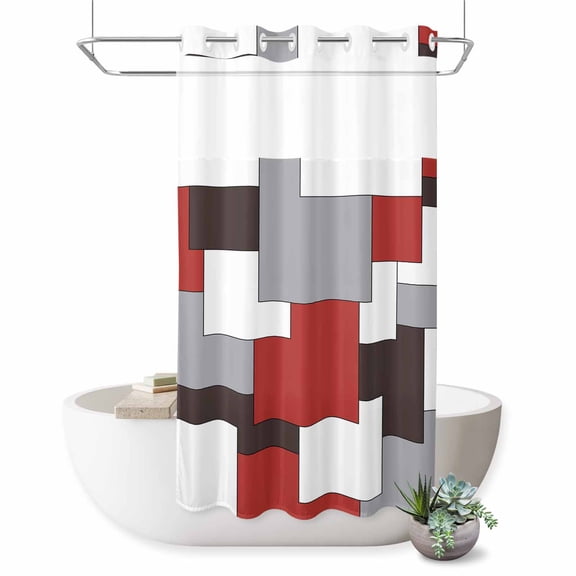 No Hook Shower Curtain with Built-in Rings - Mid Century Red Nordic Washable Waterproof Fabric Bathroom Curtains for Hotel,Rentals, Stall 36 X 72 Inch Abstract Geometric
