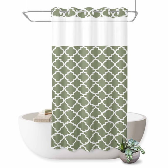 No Hook Shower Curtain with Built-in Rings - Moss Green White Geometric Washable Waterproof Fabric Bathroom Curtains for Hotel,Rentals, Stall 36 X 78 Inch , Minimalist Morocco Pattern