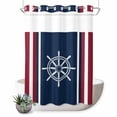 thumbnail image 1 of No Hook Shower Curtain with Built-in Rings - Nautical Coastal Rudder Washable Waterproof Fabric Bathroom Curtains for Hotel,Rentals, 60 X 72 Inch Long , Navy Blue Red Stripes, 1 of 9