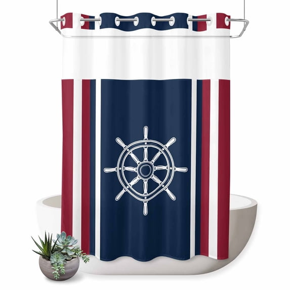 No Hook Shower Curtain with Built-in Rings - Nautical Coastal Rudder Washable Waterproof Fabric Bathroom Curtains for Hotel,Rentals, 60 X 72 Inch Long , Navy Blue Red Stripes
