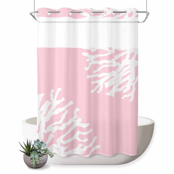 No Hook Shower Curtain with Built-in Rings - Nautical Coastal Washable Waterproof Fabric Bathroom Curtains for Hotel,Rentals, 72 X 84 Inch Extra Long , Ocean Coral Print Pink White