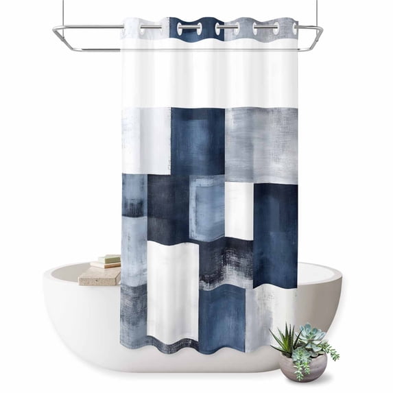 No Hook Shower Curtain with Built-in Rings - Navy Blue Grey Washable Waterproof Fabric Bathroom Curtains for Hotel,Rentals, Stall 36 X 78 Inch , Ombre Modern Abstract Art