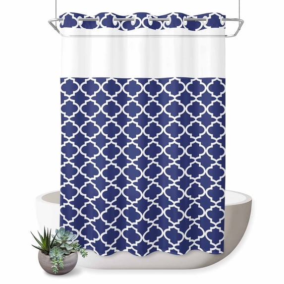 No Hook Shower Curtain with Built-in Rings - Navy Lake Blue Morocco Washable Waterproof Fabric Bathroom Curtains for Hotel,Rentals, 60 X 72 Inch Long , Minimalist Geometric Pattern
