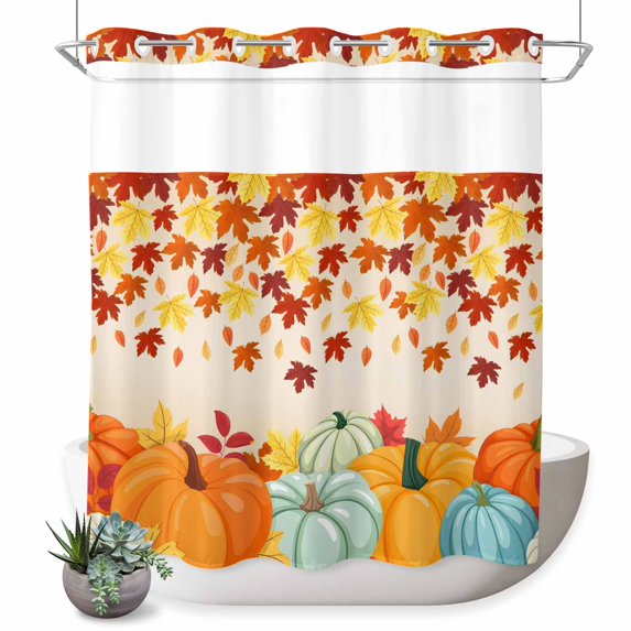 No Hook Shower Curtain with Built-in Rings - Orange Fall Thanksgiving Pumpkins Washable Waterproof Fabric Bathroom Curtains for Hotel,Rentals, 72 X 72 Inch Long , Maple Leaves Farmhouse
