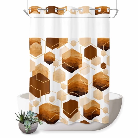 No Hook Shower Curtain with Built-in Rings - Orange White Gold Geometric Washable Waterproof Fabric Bathroom Curtains for Hotel,Rentals, 72X 96 Inch Extra Long , Modern Abstract Hexagon Pattern