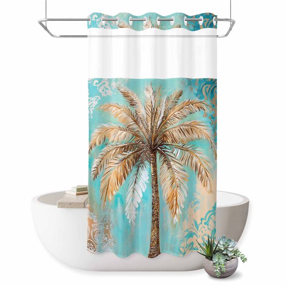 No Hook Shower Curtain with Built-in Rings - Palm Leaves Washable Waterproof Fabric Bathroom Curtains for Hotel,Rentals, Stall 36 X 72 Inch Tropical Coconut Tree Teal