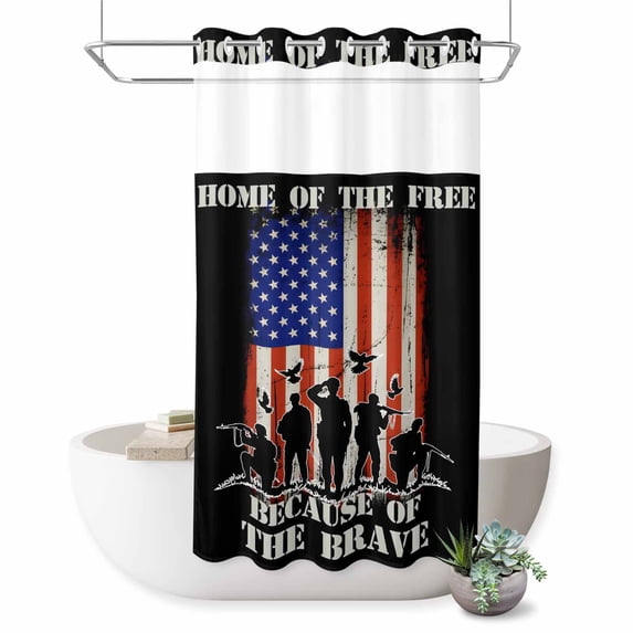 No Hook Shower Curtain with Built-in Rings - Patriotic Stripes and Star Washable Waterproof Fabric Bathroom Curtains for Hotel,Rentals, Stall 36 X 78 Inch , Freedom American Flag Soldiers