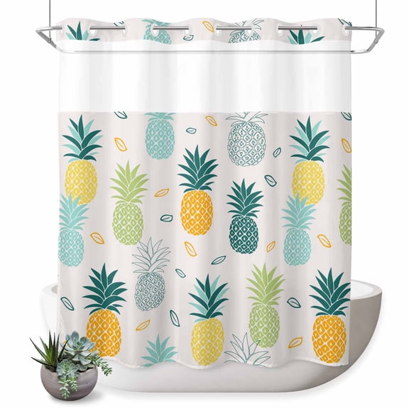 No Hook Shower Curtain with Built-in Rings - Pineapple Hand Drawn Washable Waterproof Fabric Bathroom Curtains for Hotel,Rentals, 72 X 72 Inch Long Summer Tropical Fruit