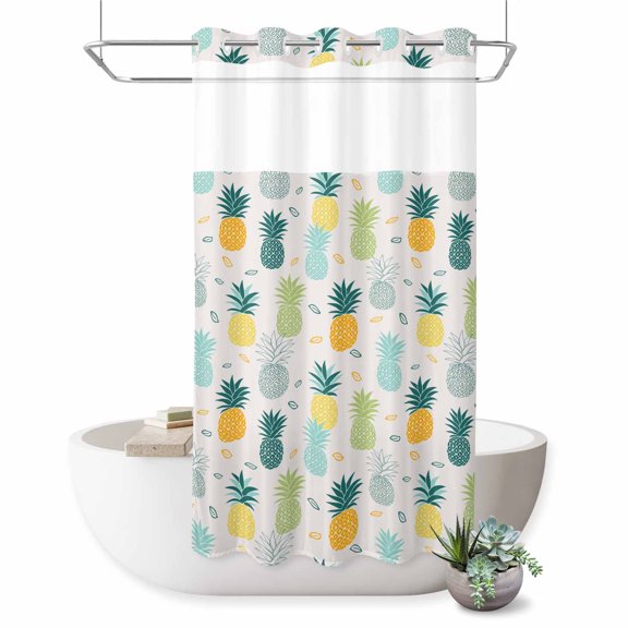 No Hook Shower Curtain with Built-in Rings - Pineapple Hand Drawn Washable Waterproof Fabric Bathroom Curtains for Hotel,Rentals, Stall 36 X 72 Inch Summer Tropical Fruit