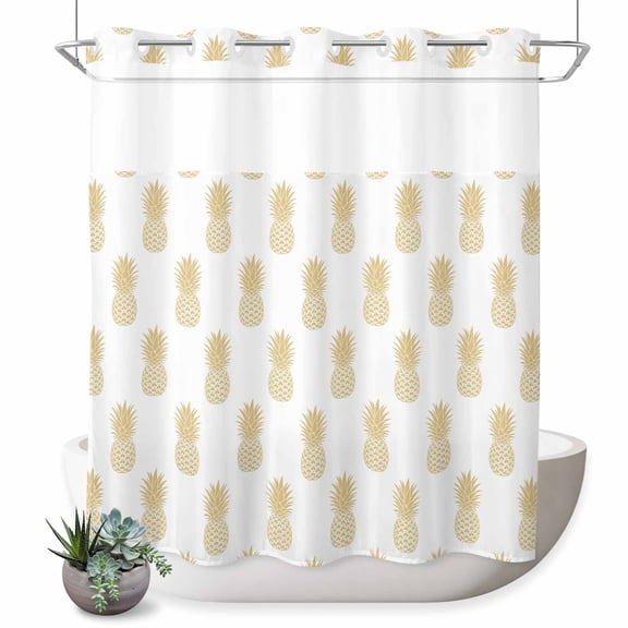 No Hook Shower Curtain with Built-in Rings - Pineapple Yellow White Fruit Washable Waterproof Fabric Bathroom Curtains for Hotel,Rentals, 72 X 72 Inch Long Simple Art