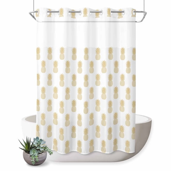 No Hook Shower Curtain with Built-in Rings - Pineapple Yellow White Fruit Washable Waterproof Fabric Bathroom Curtains for Hotel,Rentals, Stall 48 X 72 Inch Simple Art