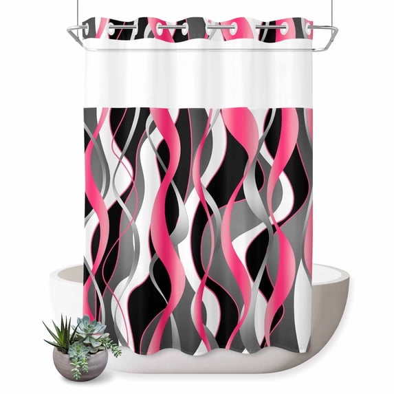 No Hook Shower Curtain with Built-in Rings - Pink Black Grey Lines Washable Waterproof Fabric Bathroom Curtains for Hotel,Rentals, 60 X 72 Inch Long , Modern Abstract Stripes