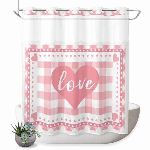 No Hook Shower Curtain with Built-in Rings - Pink Buffalo Check Plaid Love Hearts Washable Waterproof Fabric Bathroom Curtains for Hotel,Rentals, 66 X 72 Inch Long , Pink White
